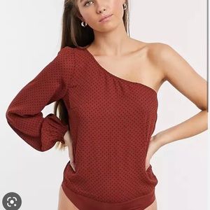 Abercrombie & Fitch Long Sleeve One Shoulder Black Polka Dot Bodysuit